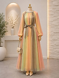 Pastel Rüya Kuşaklı Tesettür Maxi Elbise – Pembe, Mavi & Sarı