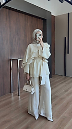 Volan Detaylı Kuşaklı Ekru İkili Takım - 7 Cihan Atelier