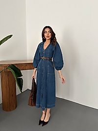V Yaka Denim Elbise 7 CİHAN