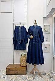 Kadın Denim Elbise – Fular Yaka Uzun Kollu Şık Tesettür Jean Elbise | 7 Cihan