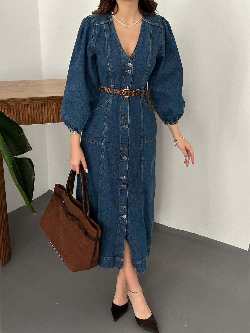 V Yaka Denim Elbise 7 CİHAN