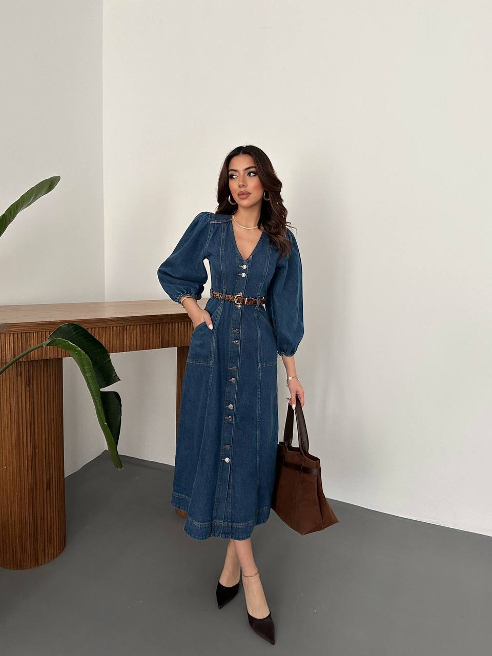 V Yaka Denim Elbise 7 CİHAN