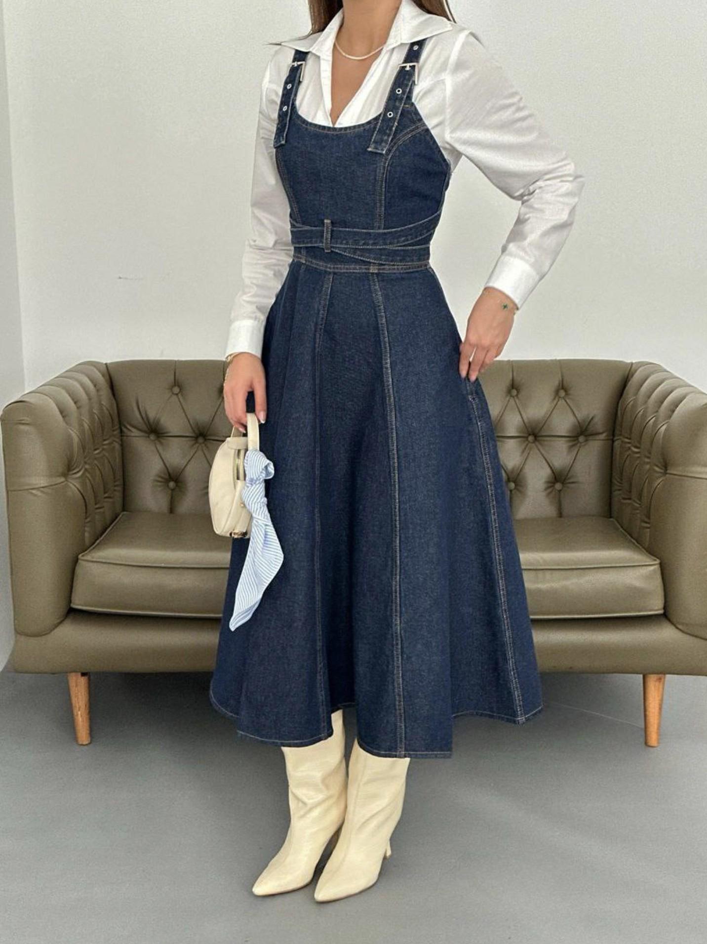 Belden Bağlamalı Denim Jile Kot Elbise 7 CİHAN