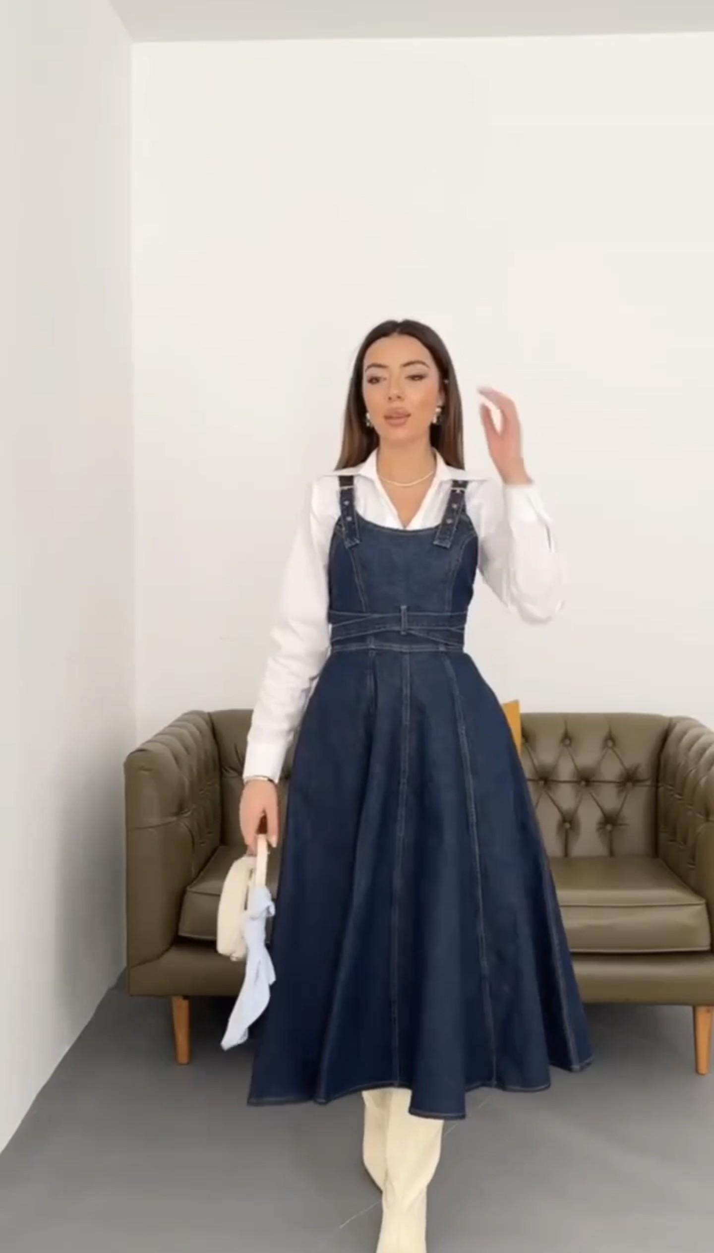 Belden Bağlamalı Denim Jile Kot Elbise 7 CİHAN